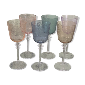 6 colored wine glasses, engraved crystalline