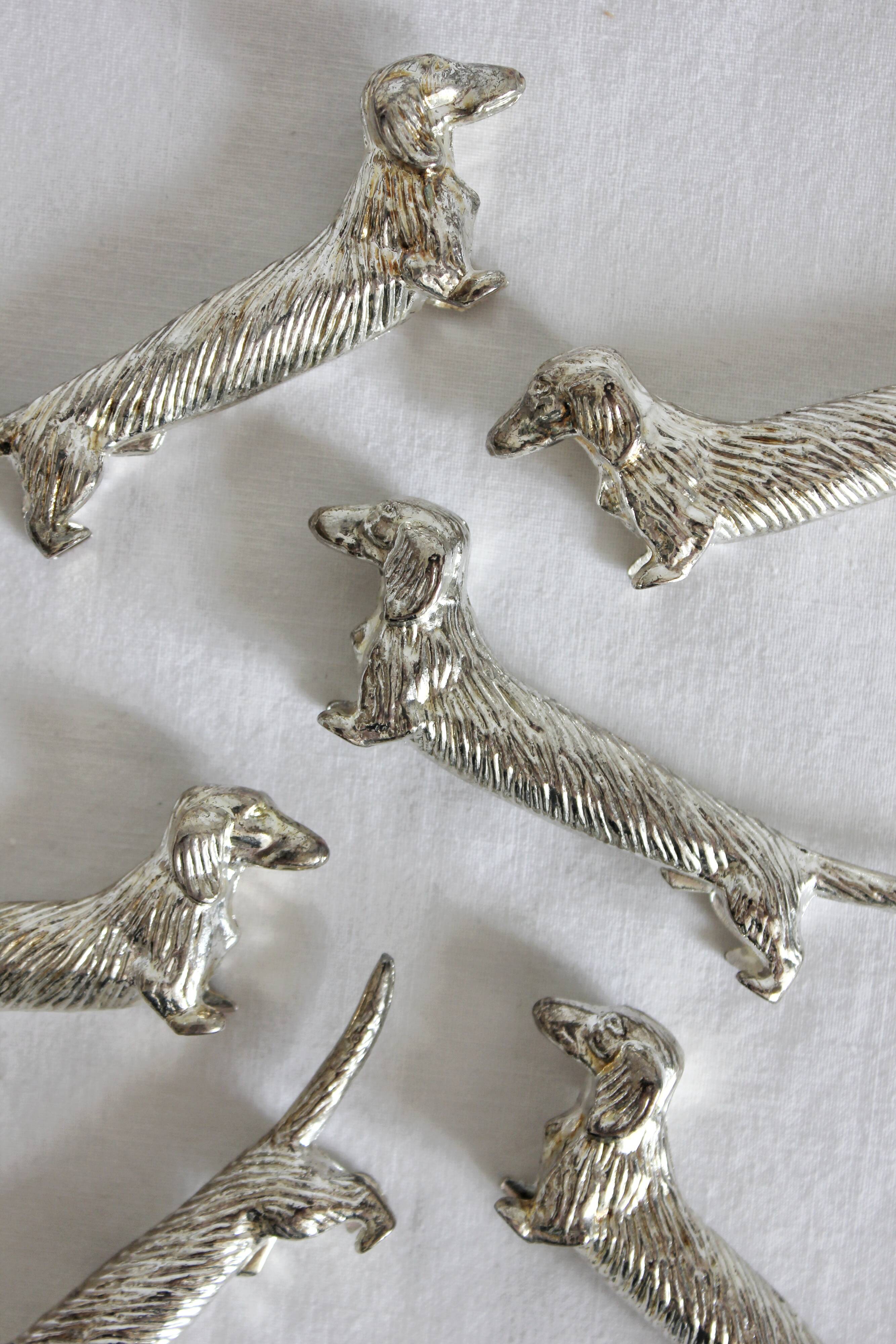 6 dog dachshund knife holders in vintage silver color metal