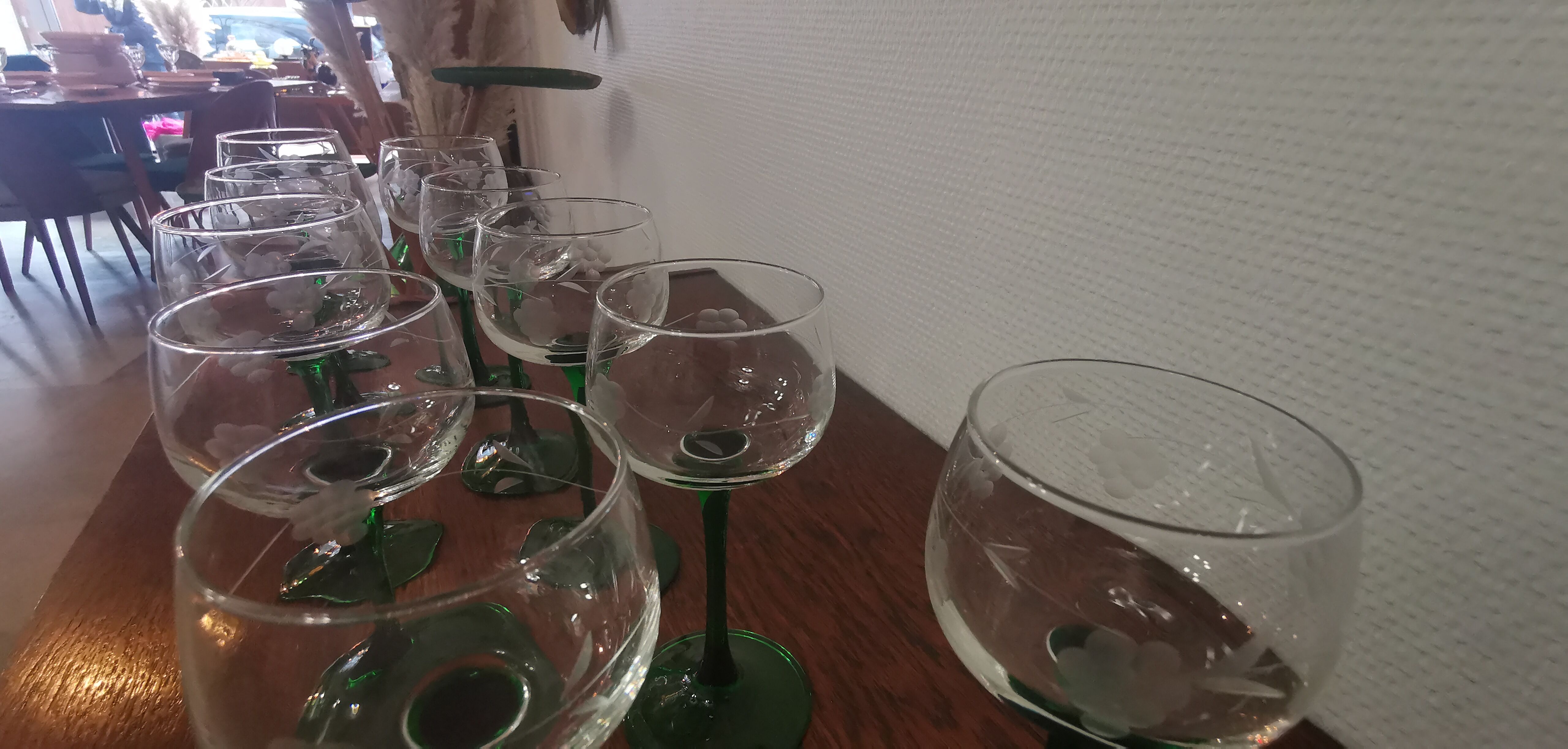 Lot of 10 Old green-stemmed wine glasses from Alsace Engraved vine decoration ARC crystal