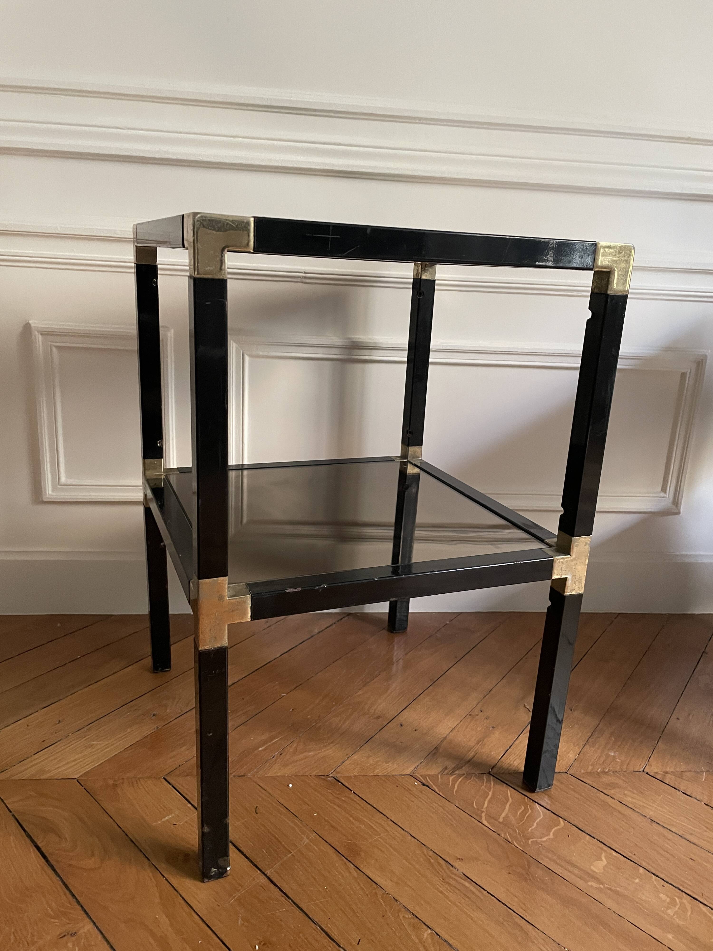 Pair of vintage metal and smoked glass side tables