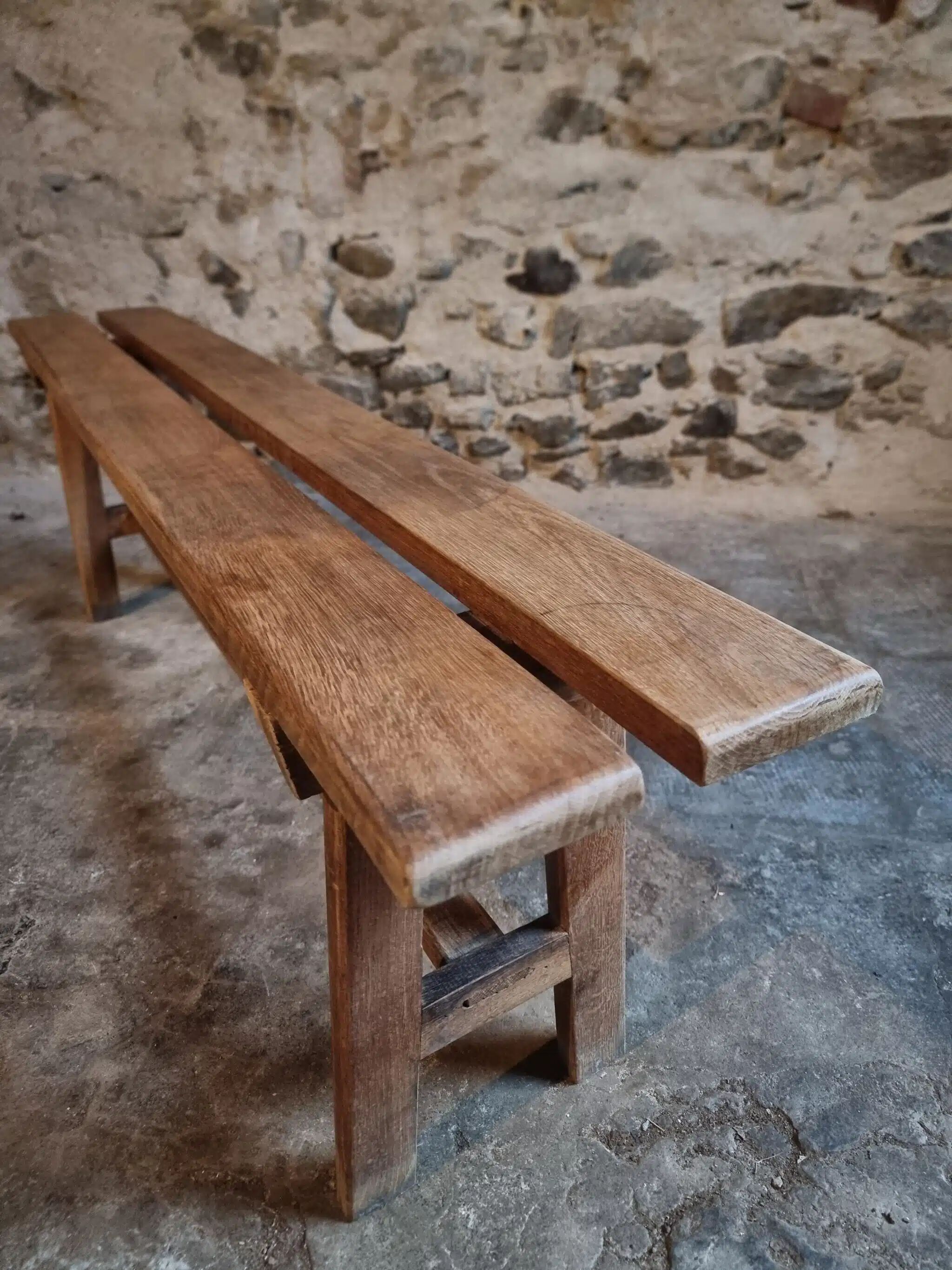 Vintage French oak bench, rustic wooden bench, France 1950s.