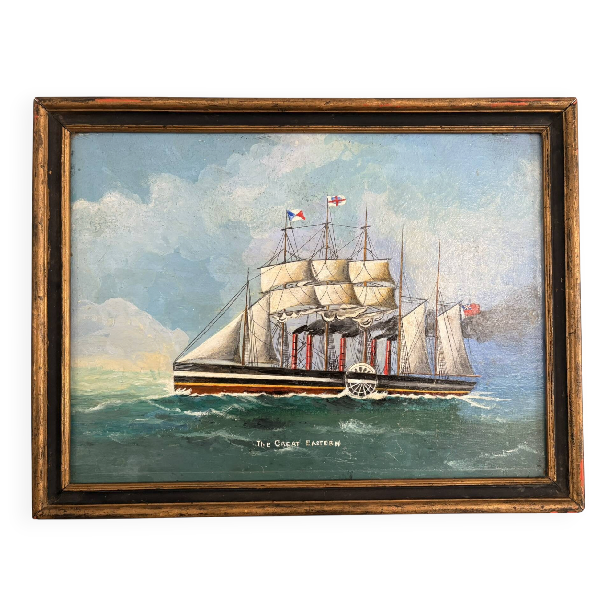 Old Oil Painting Wood Panel Great Eastern by Brunel Marine