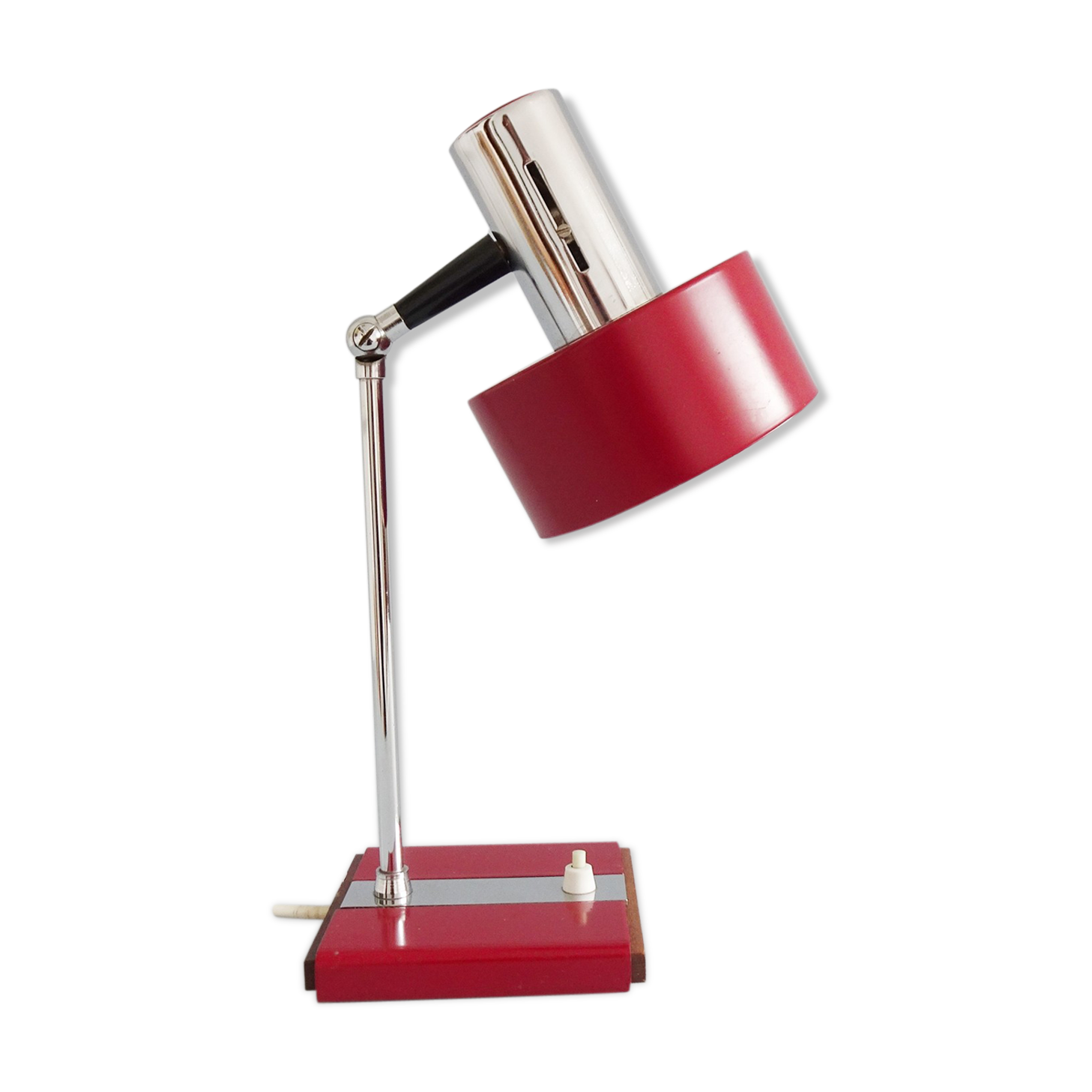 Mid century desk lamp burgundy with chrome and wood, red table lamp 1960s