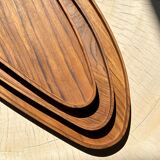 Trio of rounded triangular shaped trays or cups in monoxyl teak