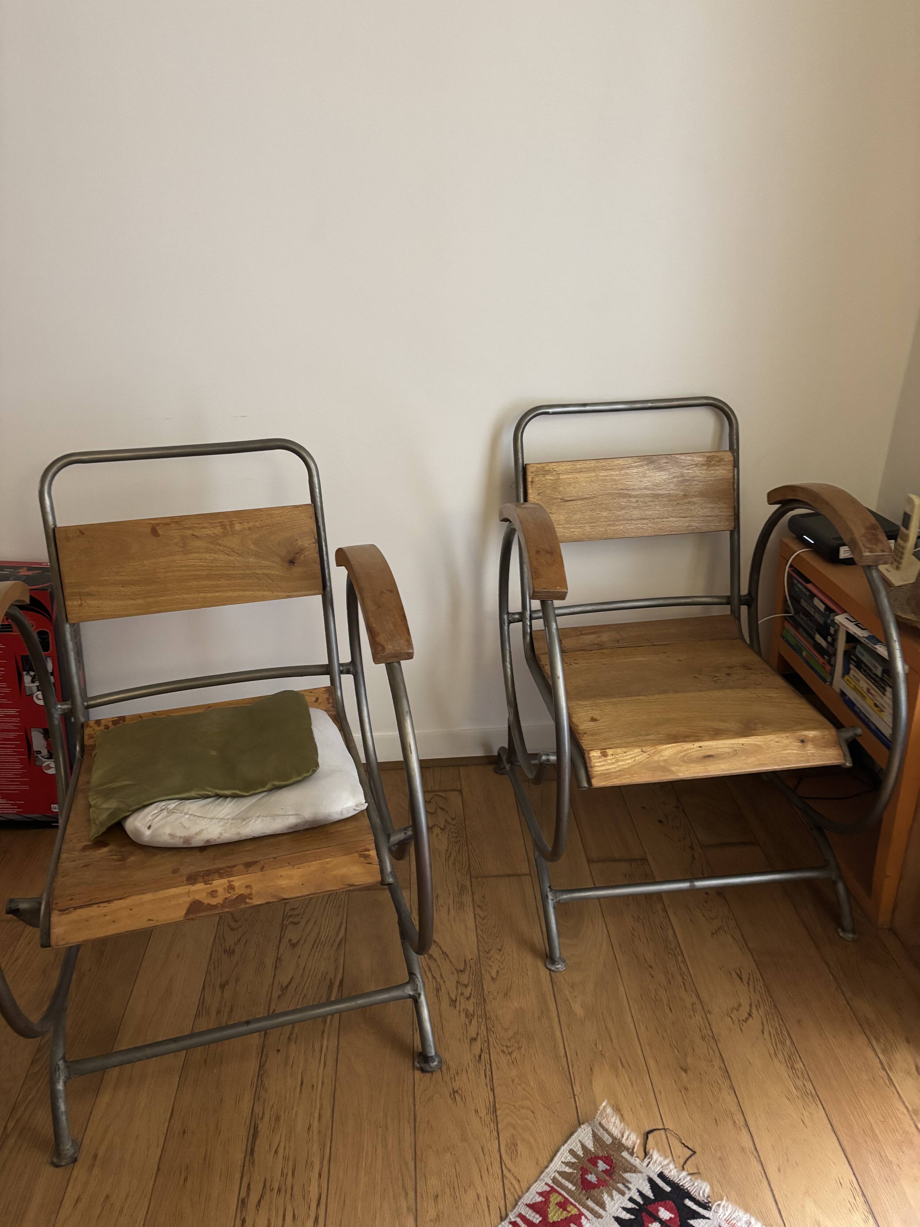 Wooden and metal armchairs