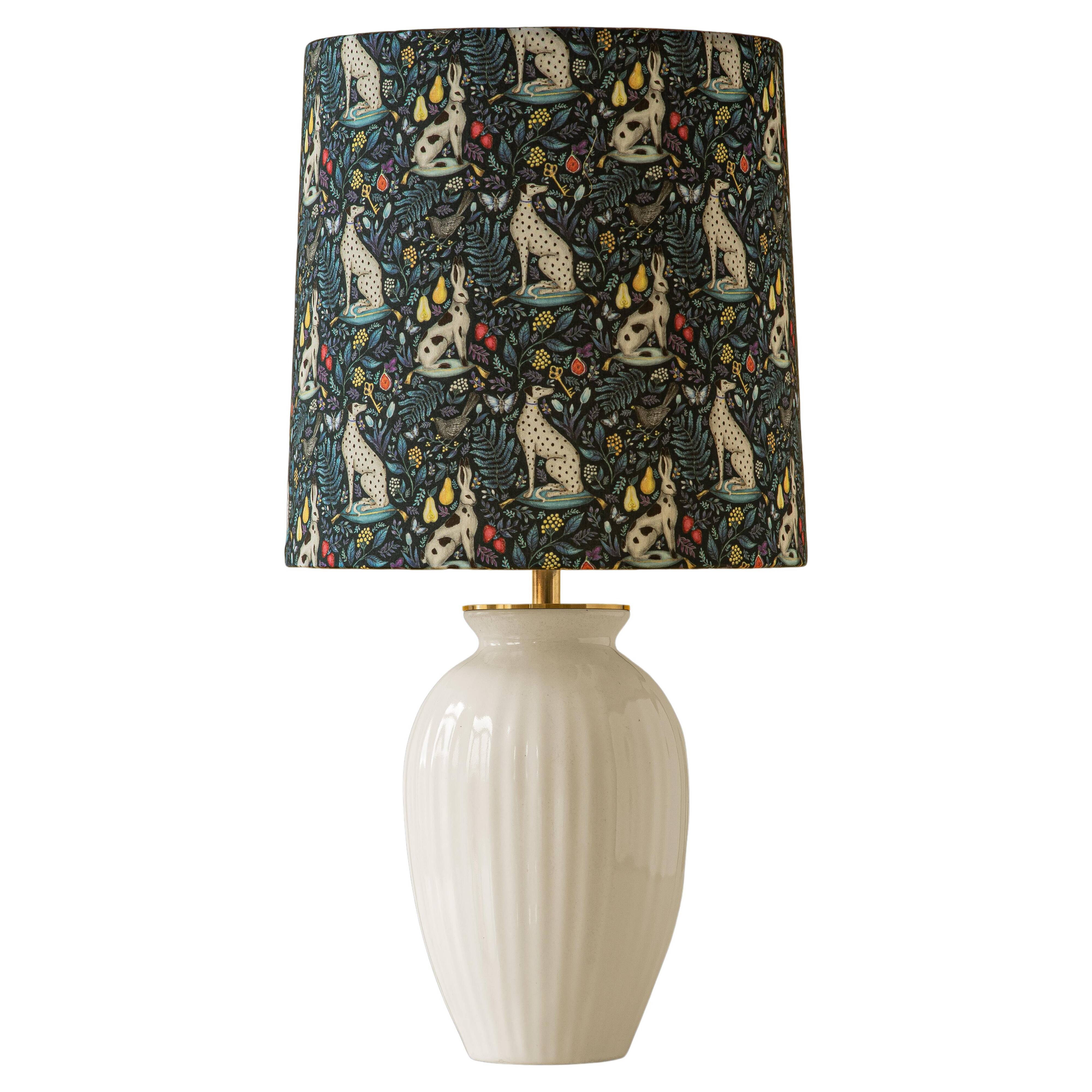 Royal Delft white ceramic table lamp with Liberty London shade, 1930s.