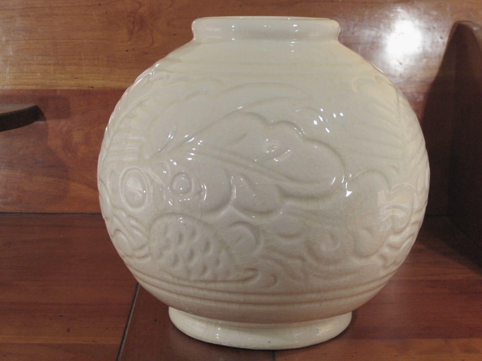 ART DECO cracked earthenware vase white Ecru St. CLEMENT bird series