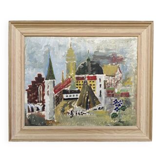 Mid-Century Modern Swedish Cityscape "City Views" Framed Oil Painting