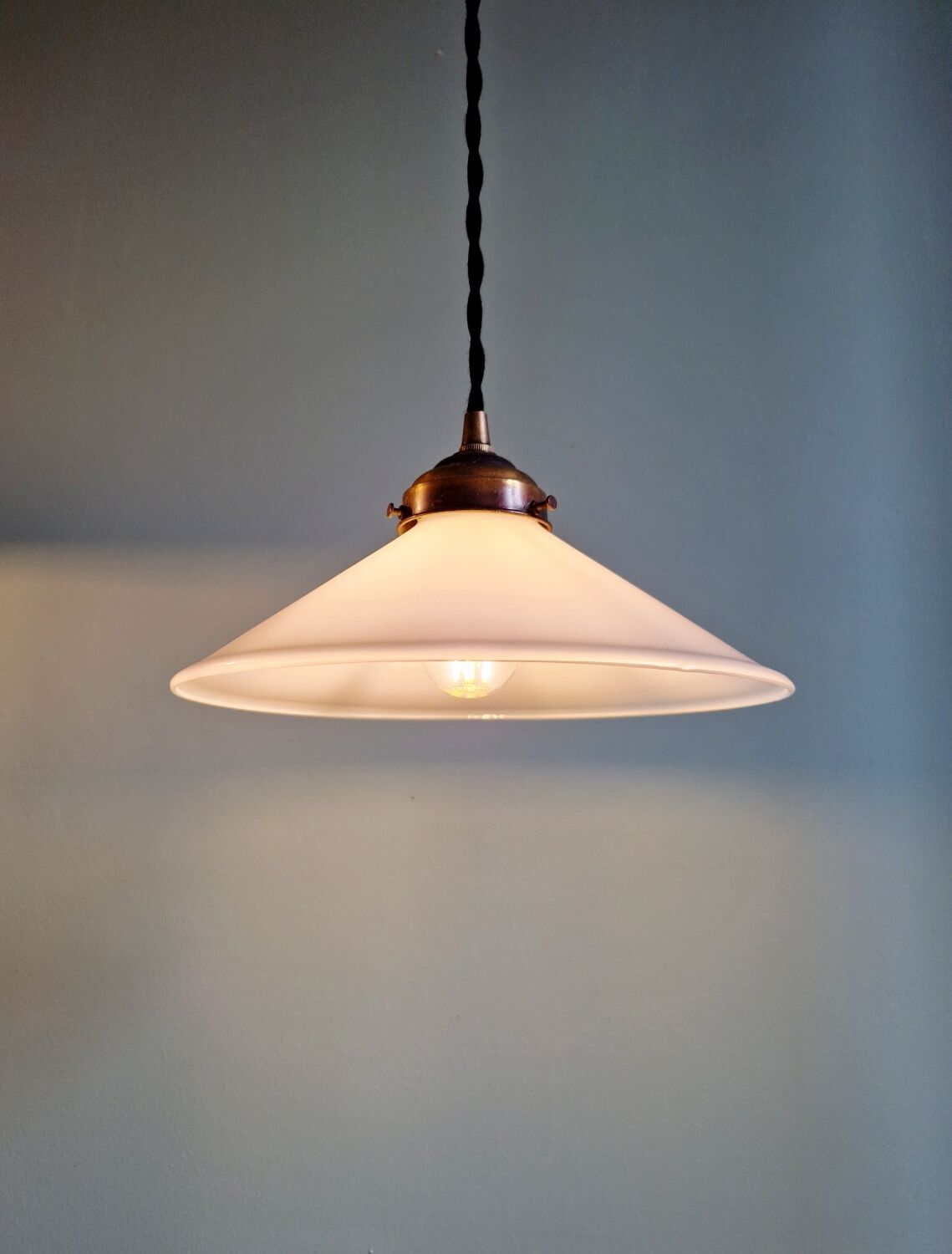 Pair of Art Deco conical white opaline pendants, 1920-30.