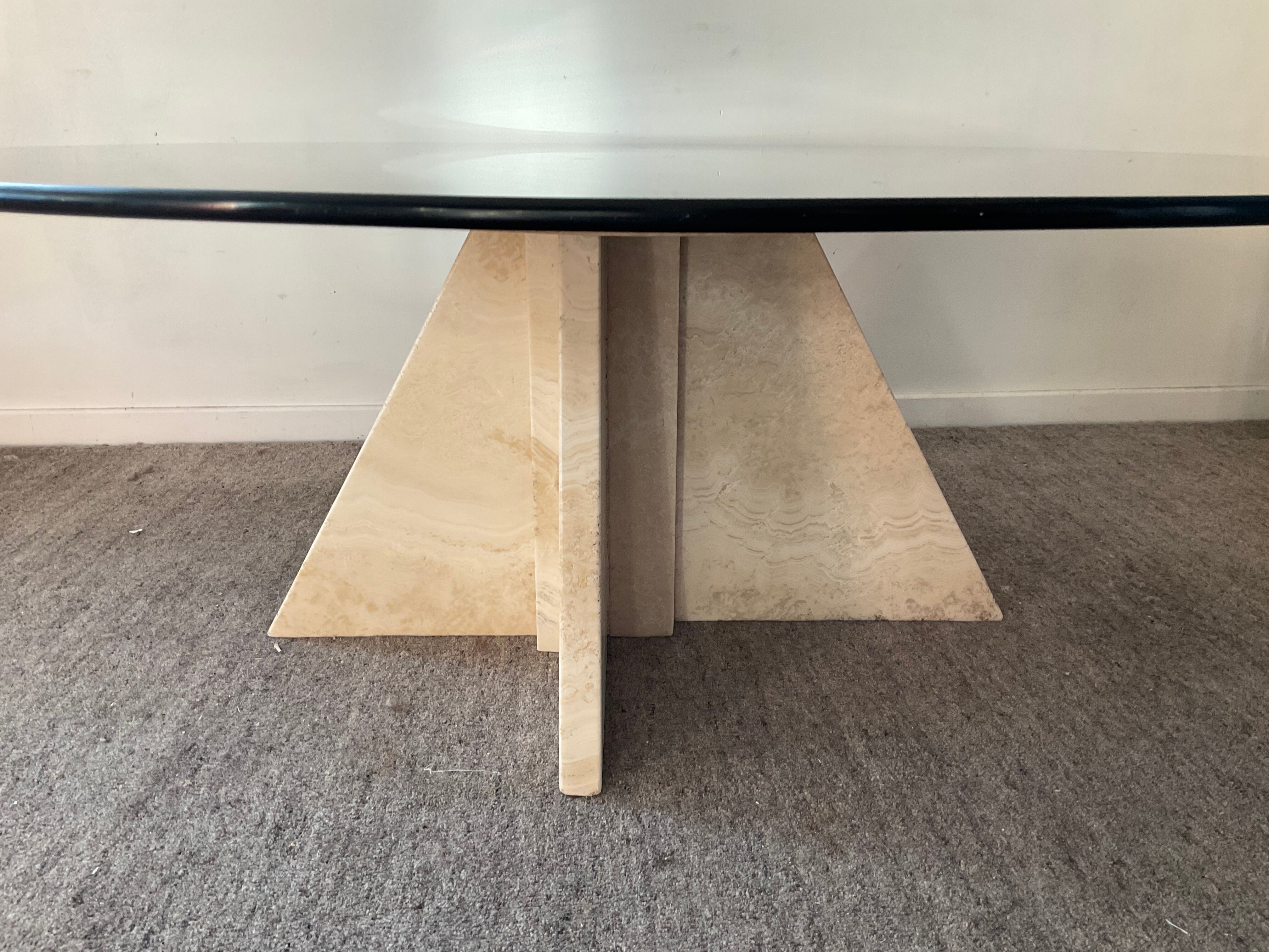 Vintage coffee table in travertine and smoked glass 70s