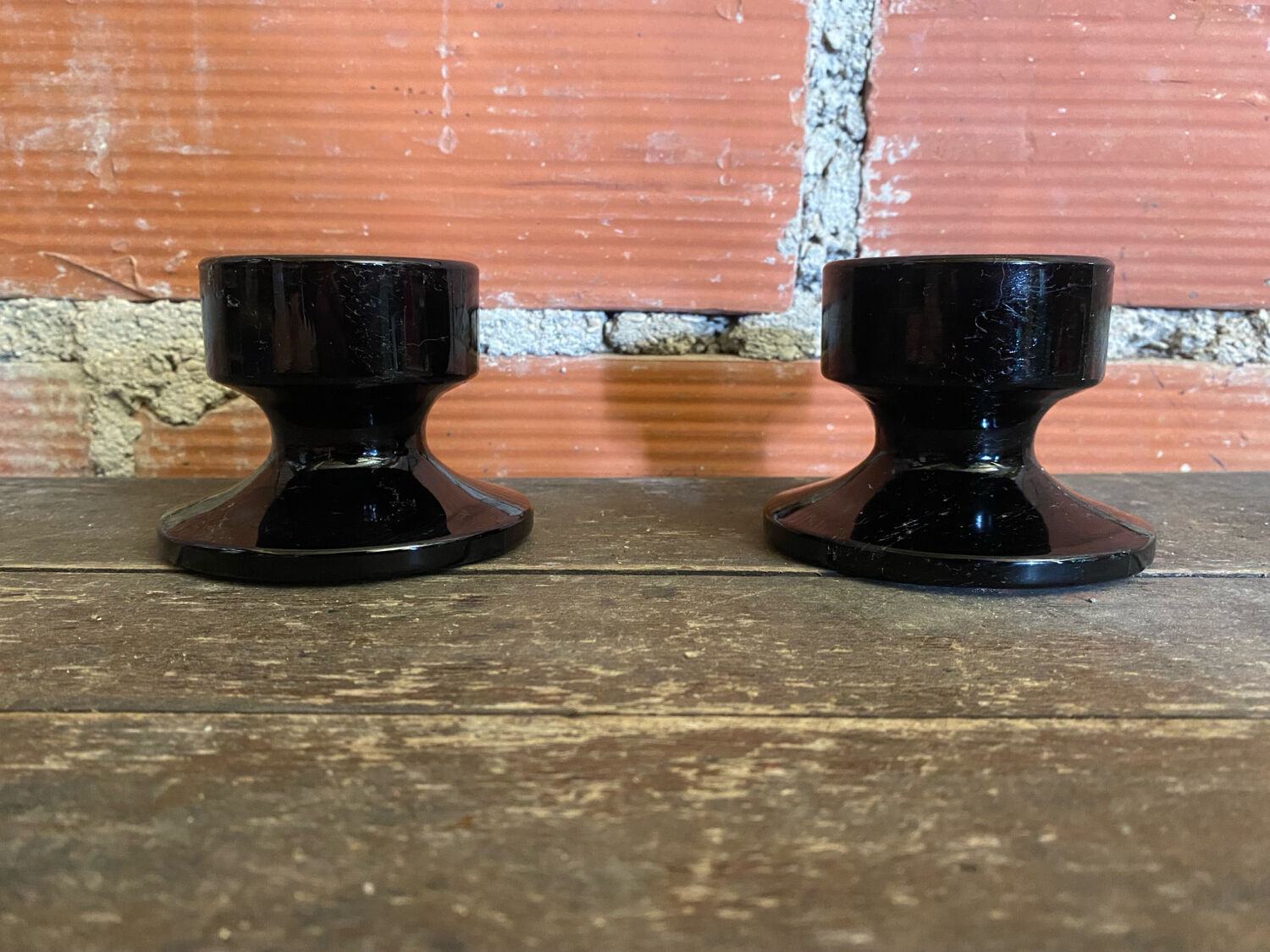 Pair of Vintage 1970s Space Age Black Opaline Candle Holders
