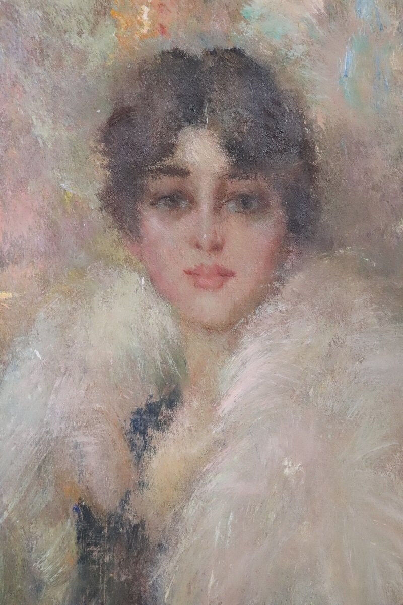 Oil painting on canvas, portrait of a young woman, Italy signed and dated 1917