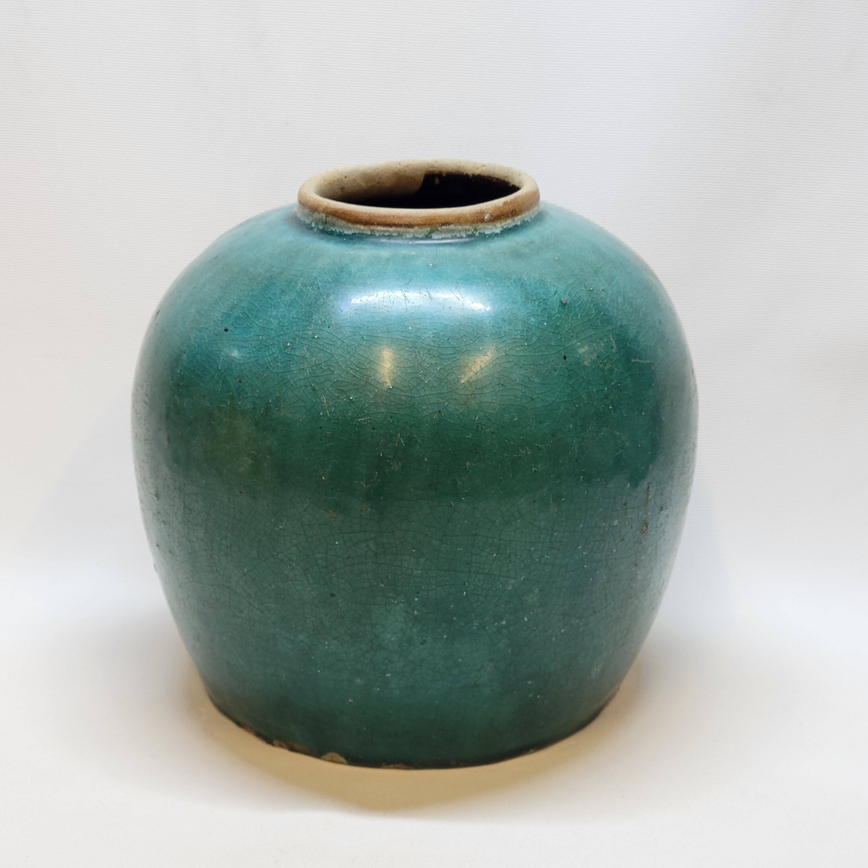 Antique Chinese Ginger Pot 1900 Green Blue Turquoise Enameled Ceramic