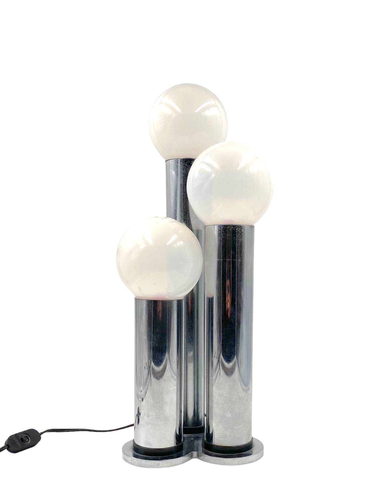 Hollywood regency 3 lights metal and opaline glass table lamp, Lama, Italy 1970s