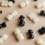 Vintage Marble Chess Set in Black and Cream Stone with Hand-Carved Pieces, Italian 1960s