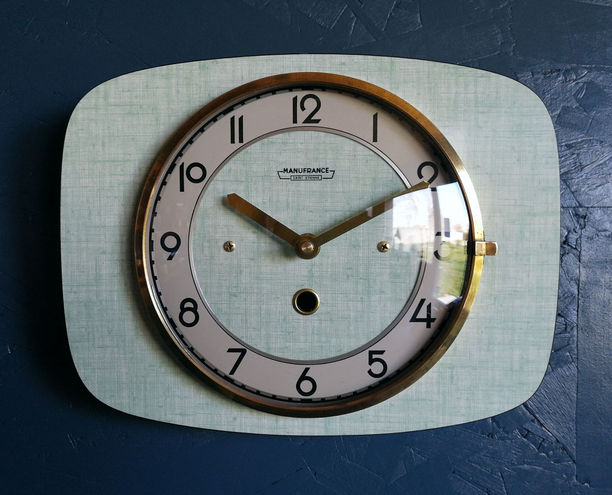 Vintage formica clock silent rectangular wall clock "Manufrance green"