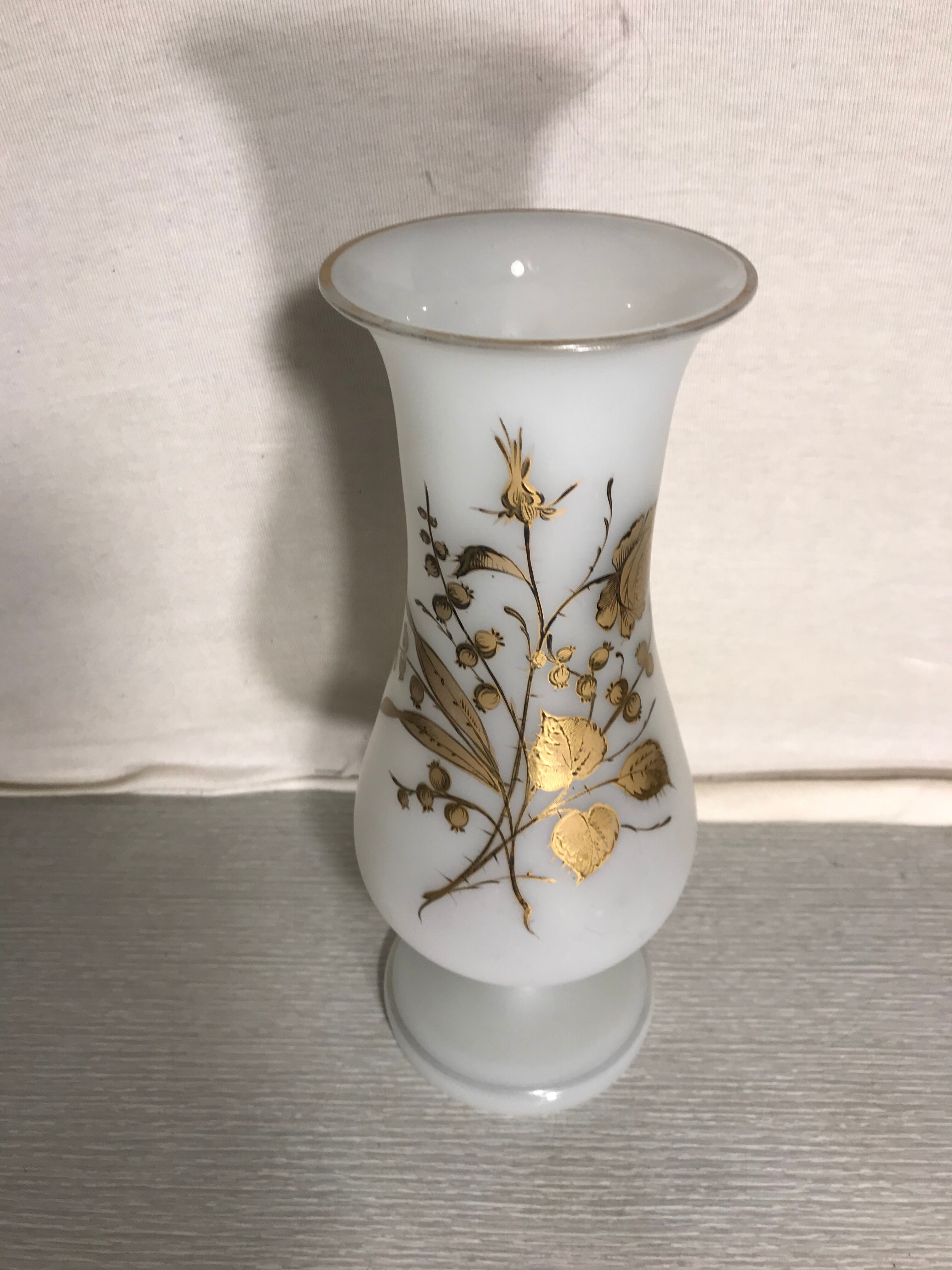 Ancient Glass Vase Opalin White - Drawing Golden Roses Form Vintage Cup