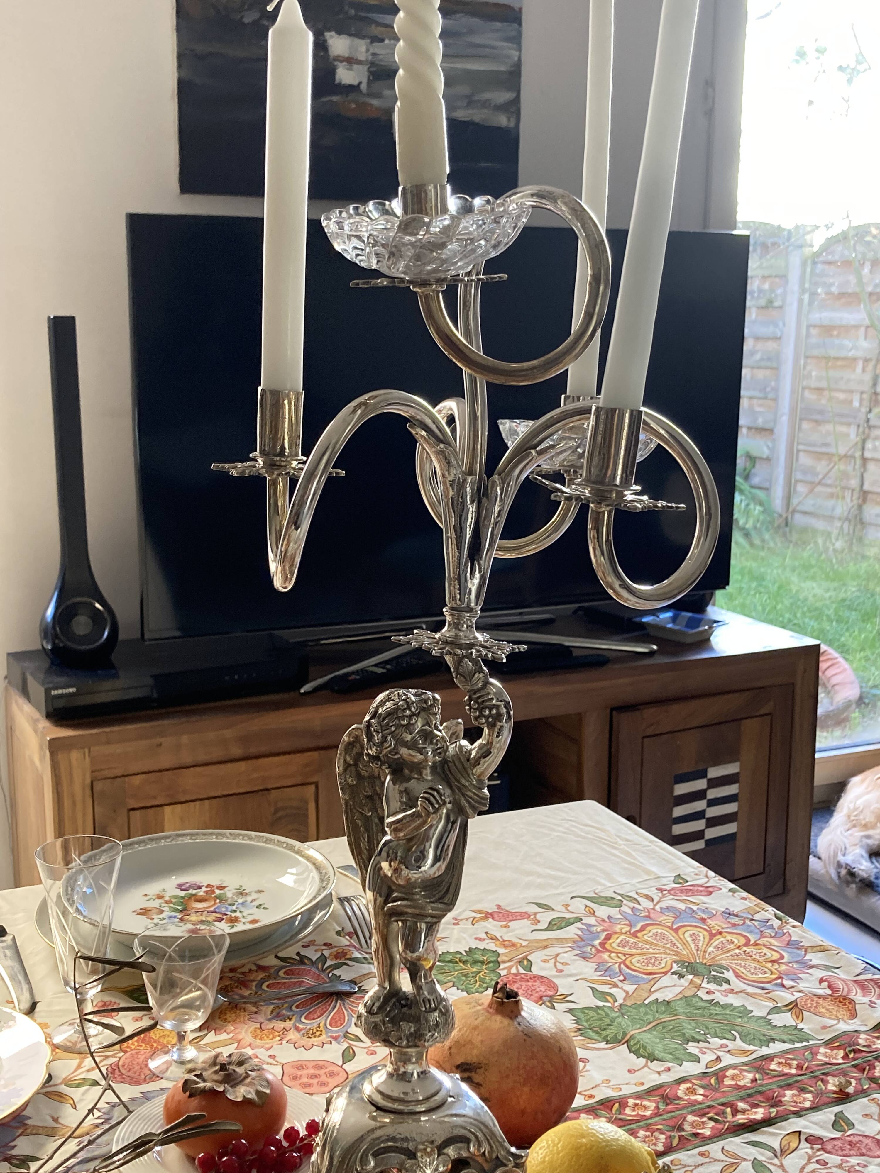 Putti candelabra 4 candles louis xvi style design pieces late 20th century. signed