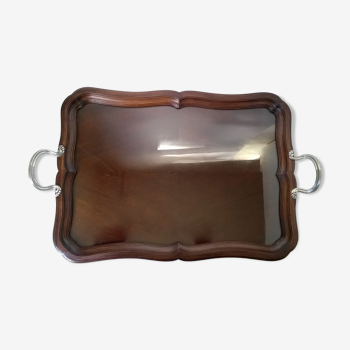 Serving tray in mahogany wood and glass .poigné in solid silver coosemans brussels c.1940-1950