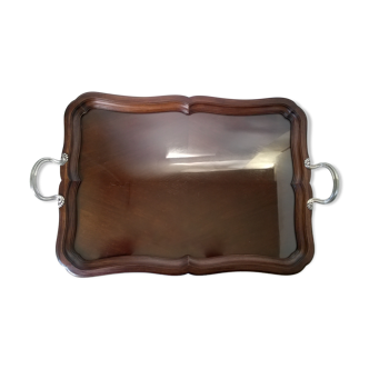 Serving tray in mahogany wood and glass .poigné in solid silver coosemans brussels c.1940-1950