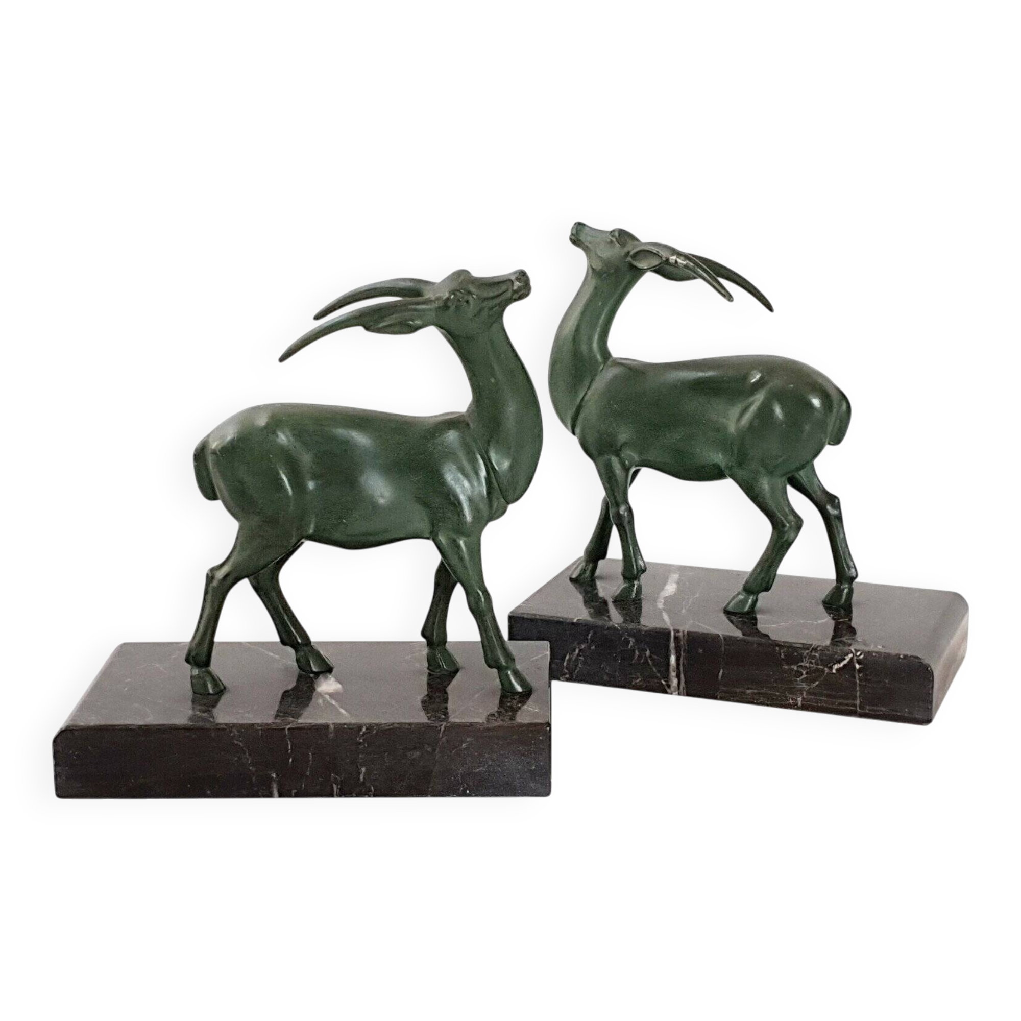 Pair of vintage ibex bookends from 1940-1950 in marble and metal.