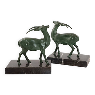 Pair of vintage ibex bookends from 1940-1950 in marble and metal.