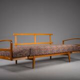 Méridienne vintage en bois de cerisier et laine de Knoll Antimott, années 1950-1960