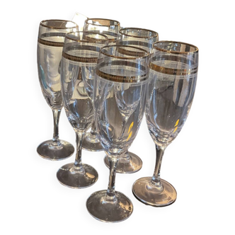 6 champagne flutes, engraved crystal and gilding