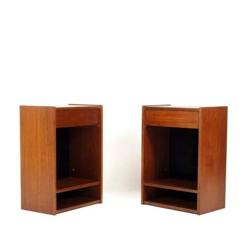 Pair Retro Vintage Danish Teak Wall Mounted Bedside Tables Cabinets Drawers 70s