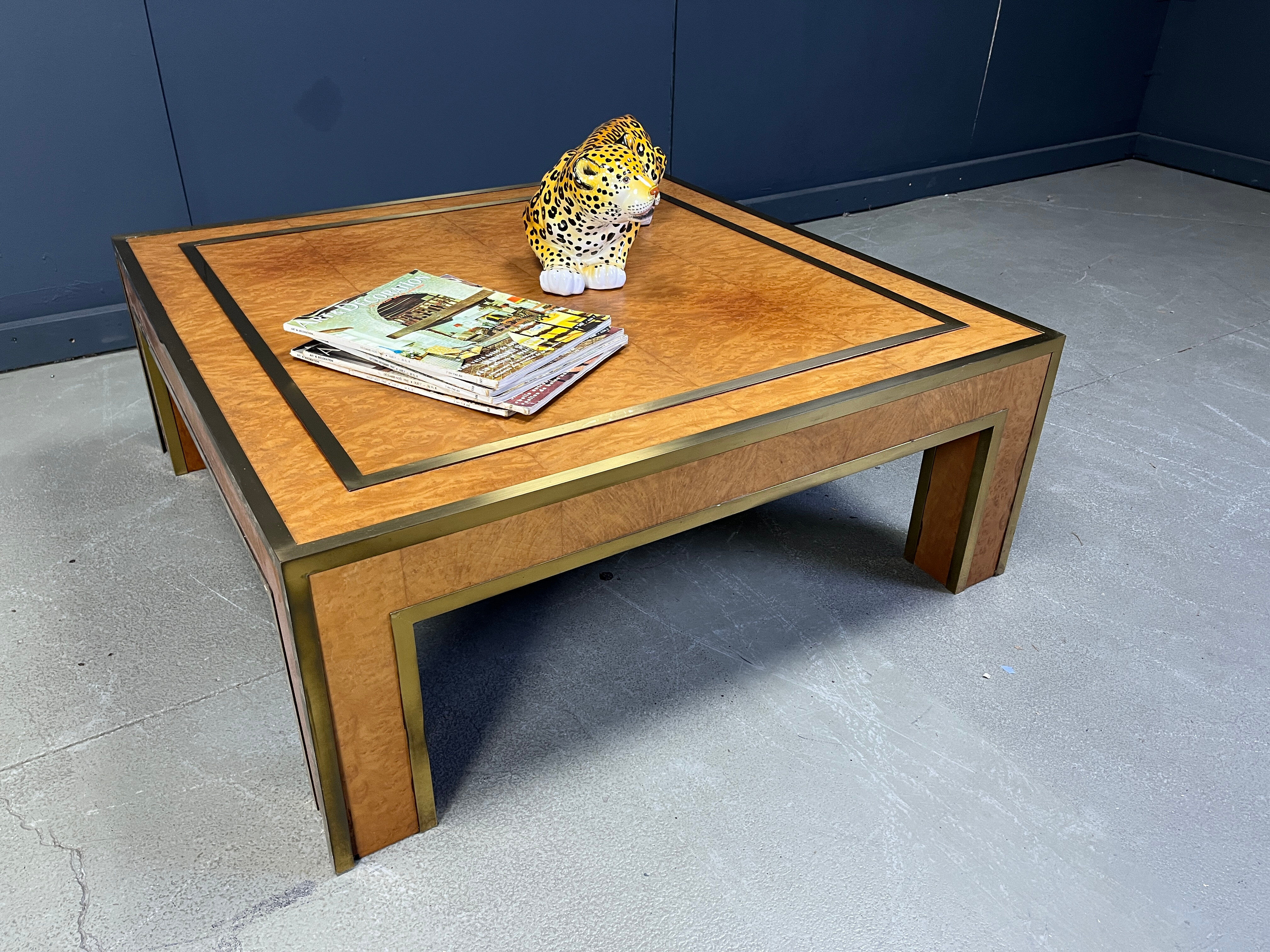 Brass and burl wood coffee table by Jean Claude Mahey, 1970s