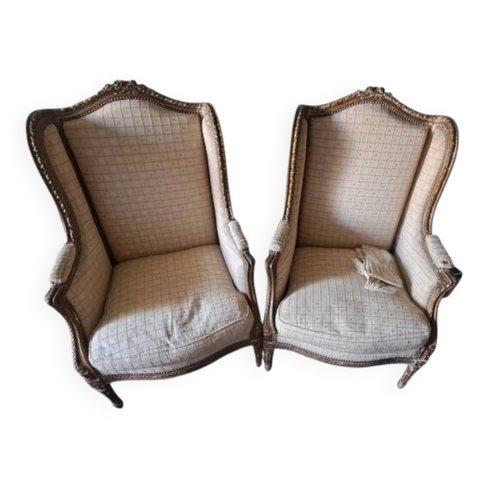 Pair of restored Louis XV wingback armchairs – new fabric