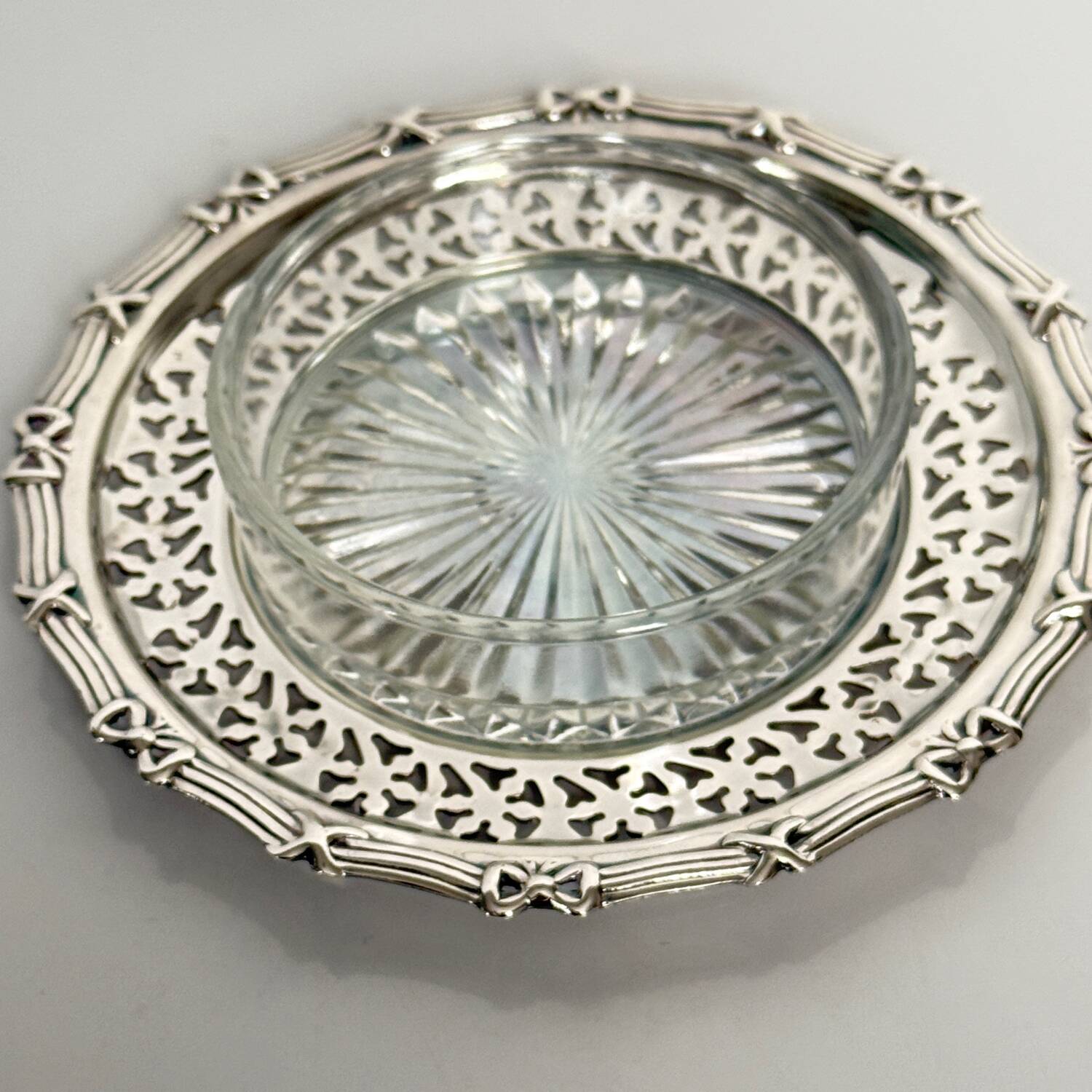 Silver metal ramekin with glass insert, ribbons, bows