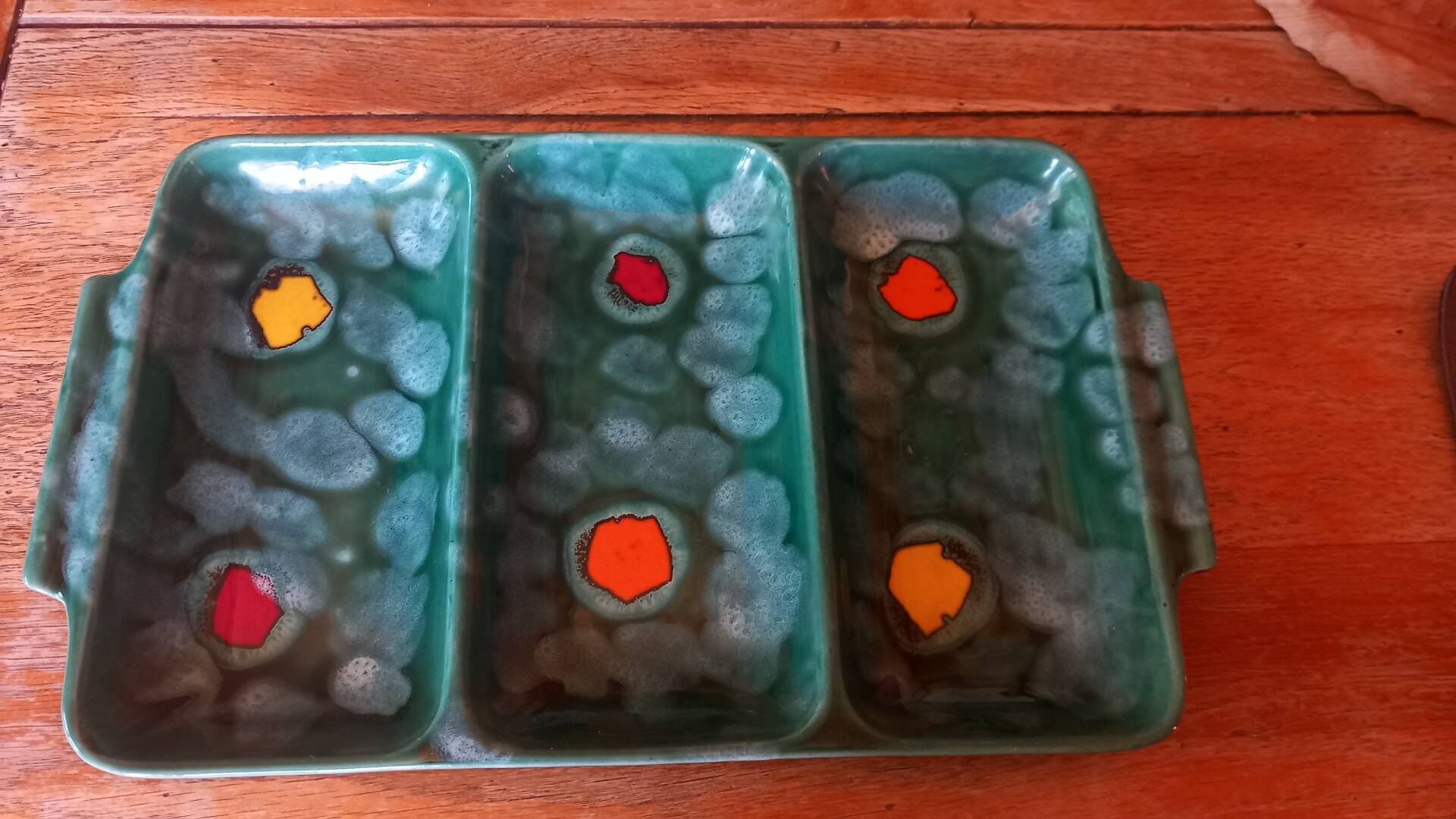 Glazed ceramic dish with compartments attributed to Poët-Laval.