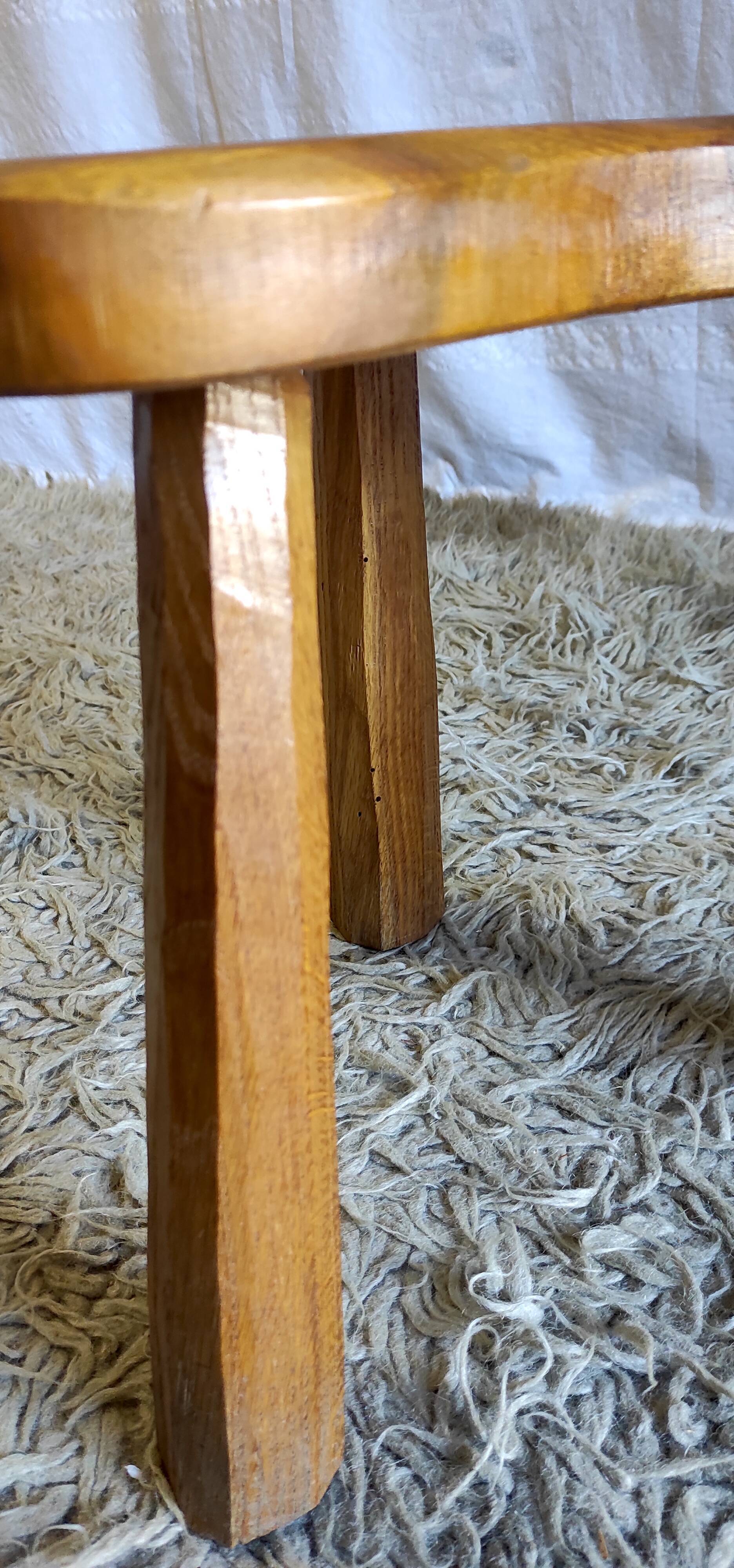 Brutalist tripod stool in solid wood, 80s