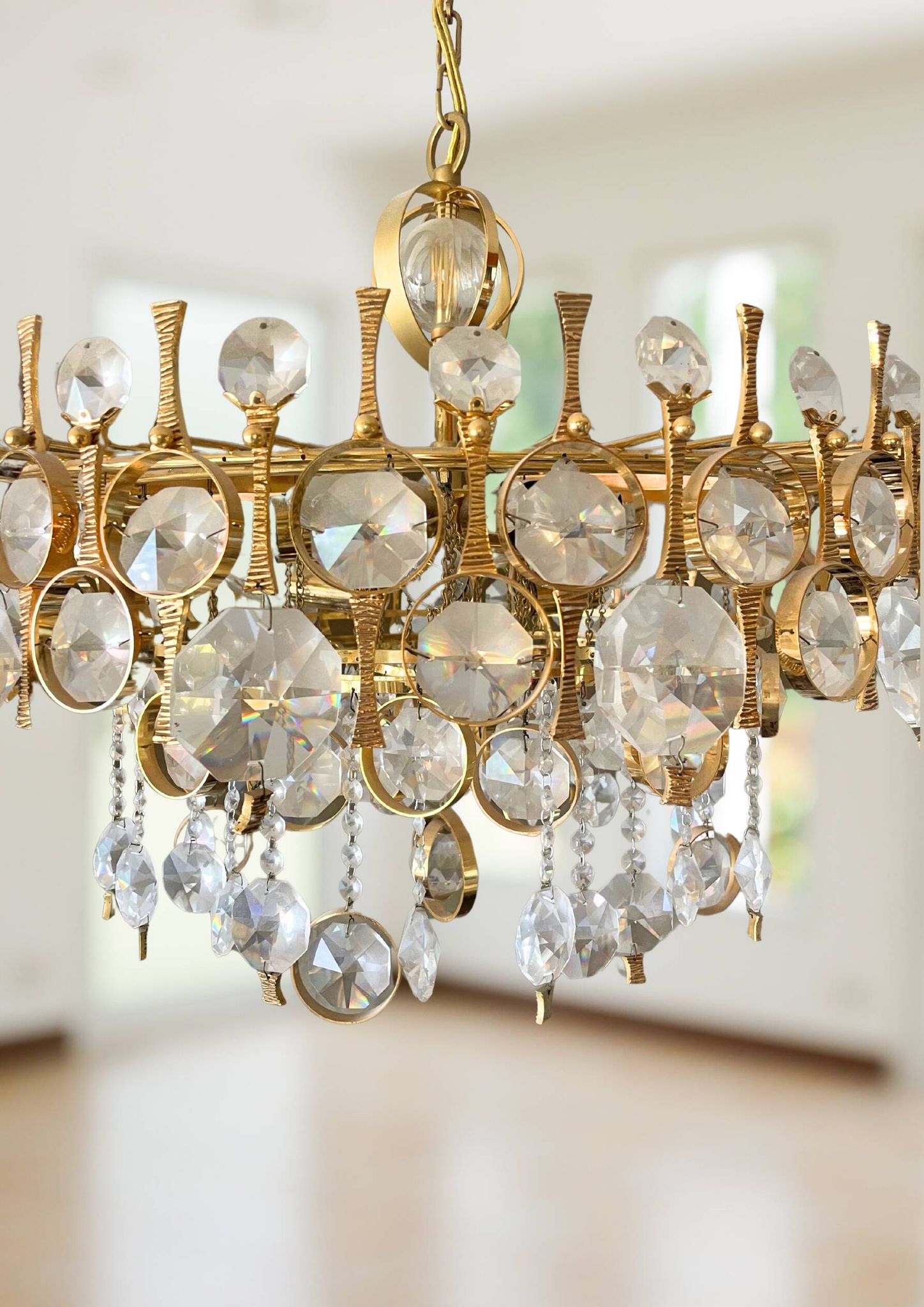 Large chandelier in gilded brass and crystal glass, attributed to Palwa, Germany