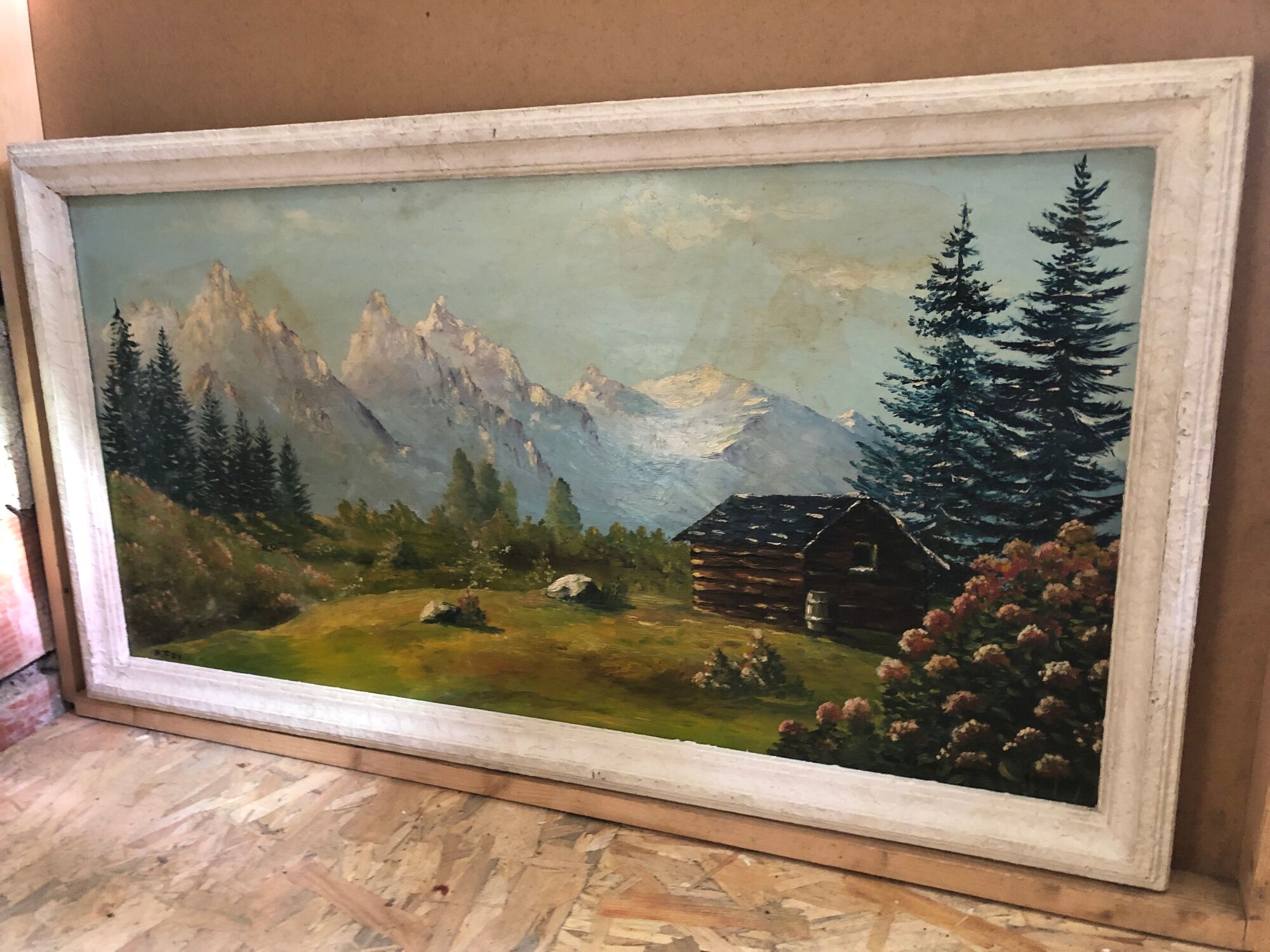 Old painting oil on panel p. FOY Mountain view + Frame Wood Vintage White