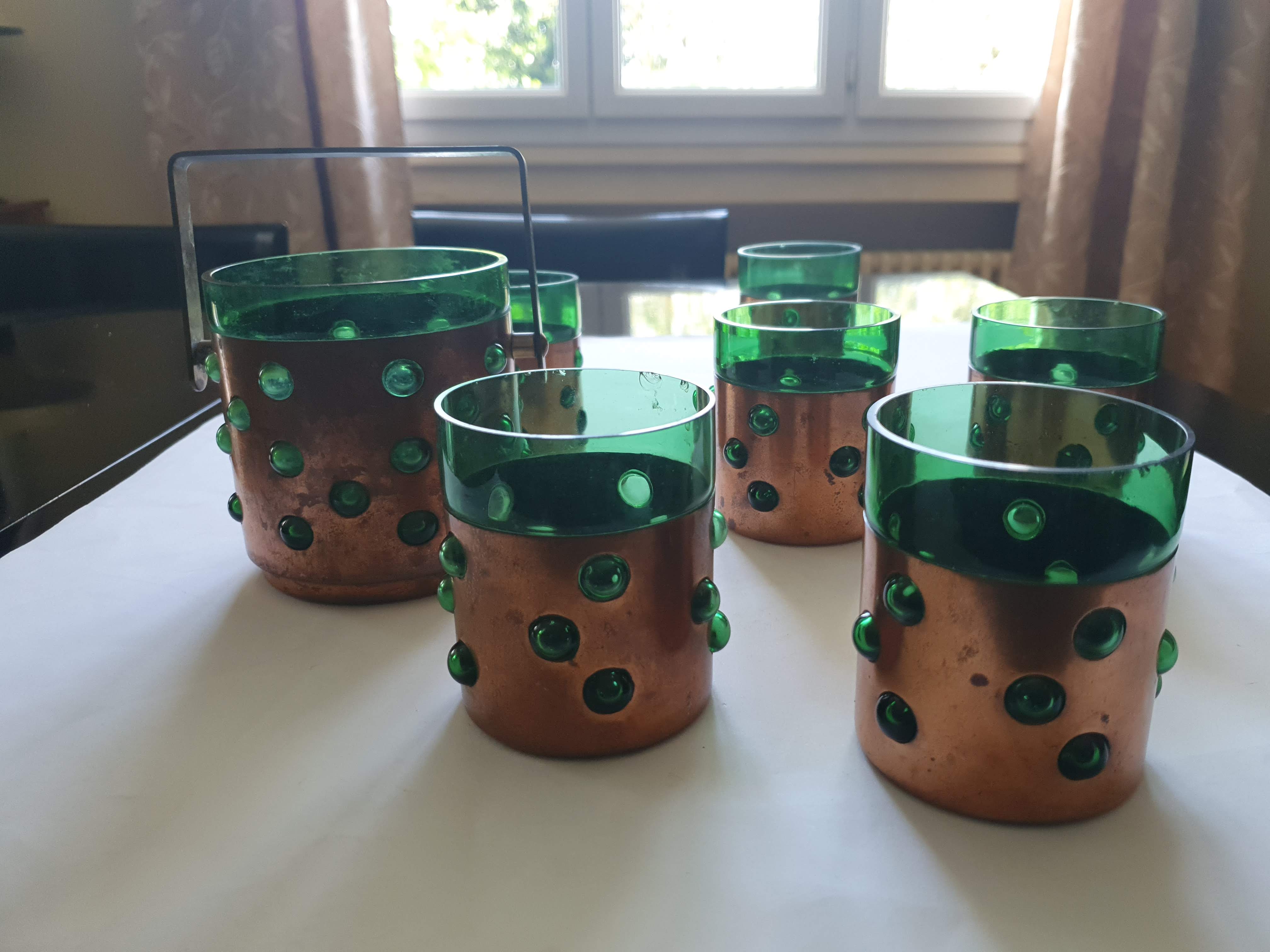 1950s whiskey glasses and ice bucket