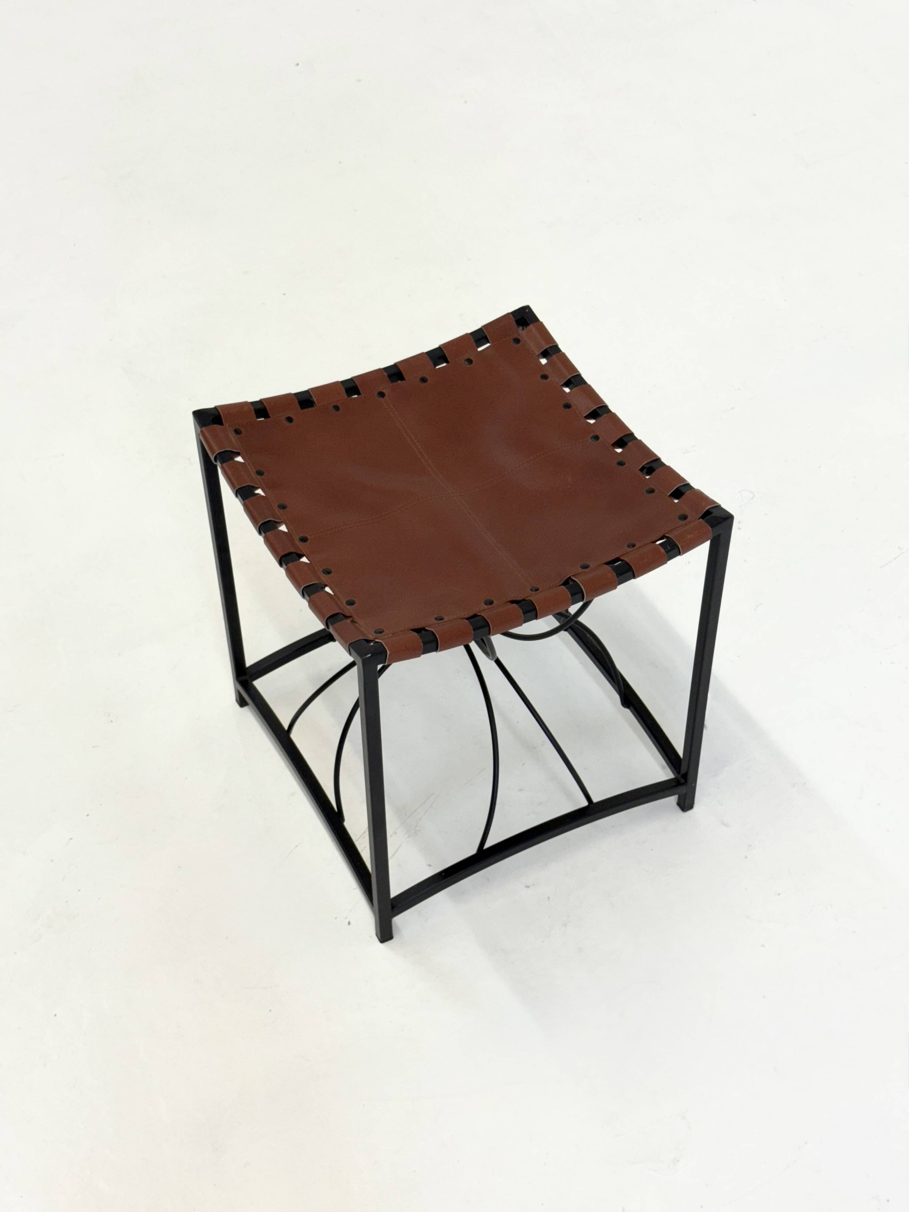 French elegant vintage stool with black metal and brown leather