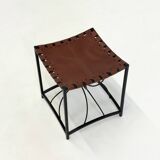 French elegant vintage stool with black metal and brown leather