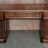 Restored antique Russian hardwood partner desk and leather armchair.