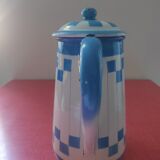 White enamelled sheet metal coffee maker with blue checkered Lustucru style stamped Duco