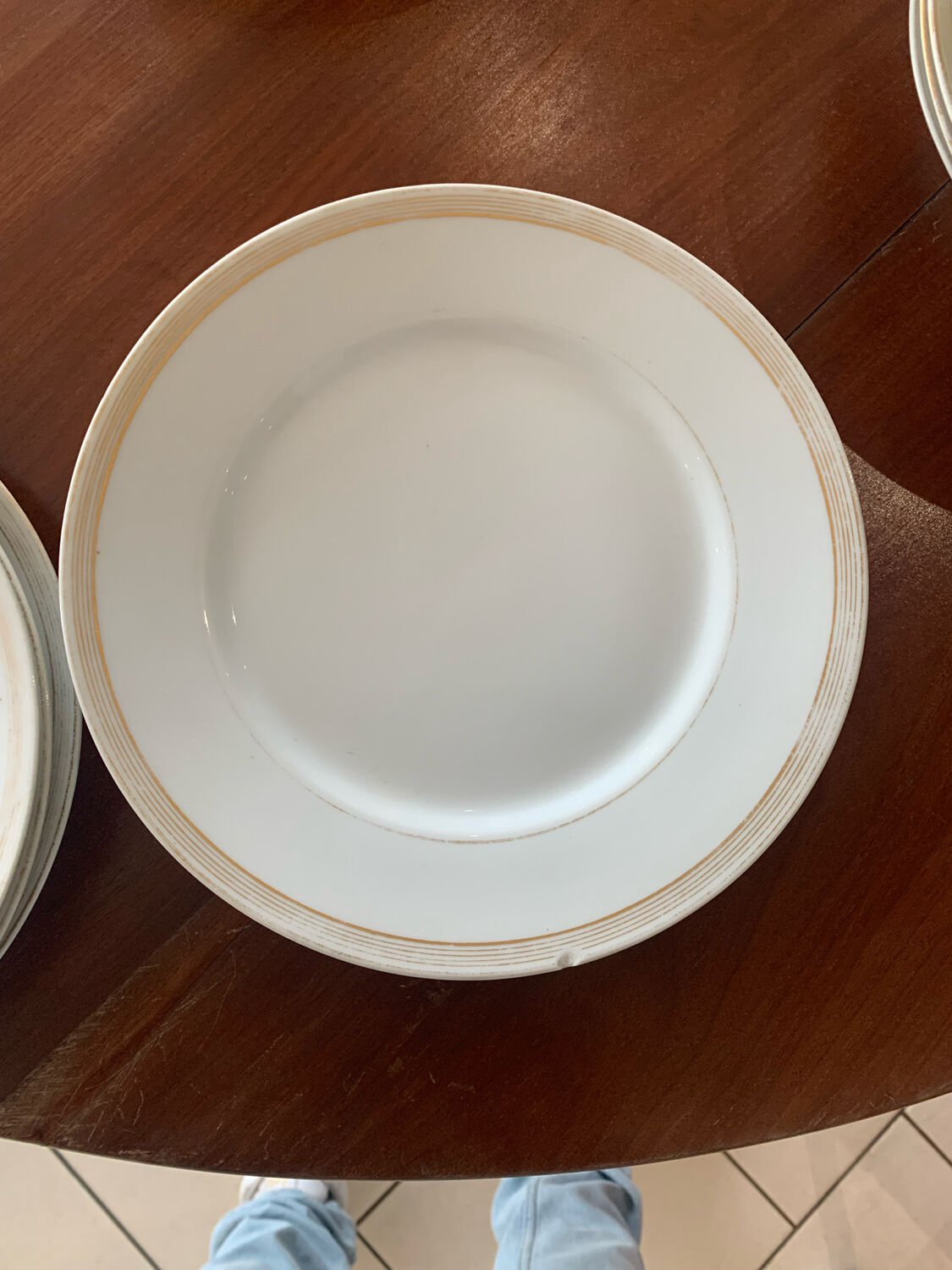 Lot of six flat plates, crockery, old white, gilded