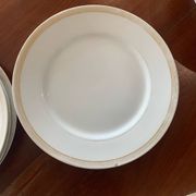 Lot of six flat plates, crockery, old white, gilded
