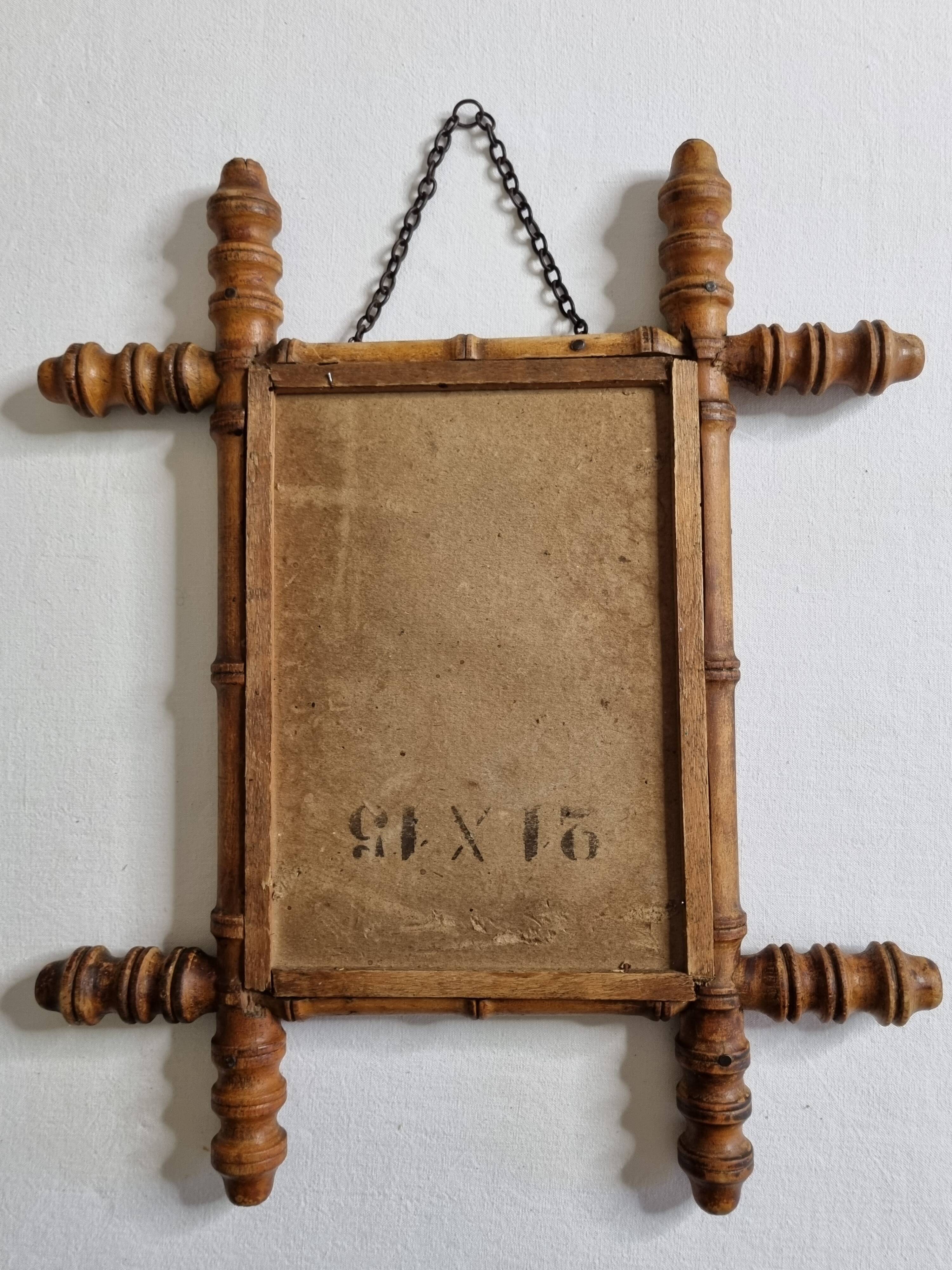 Small antique wall mirror in turned bamboo-style wood, 19th century, 38 x 32 cm