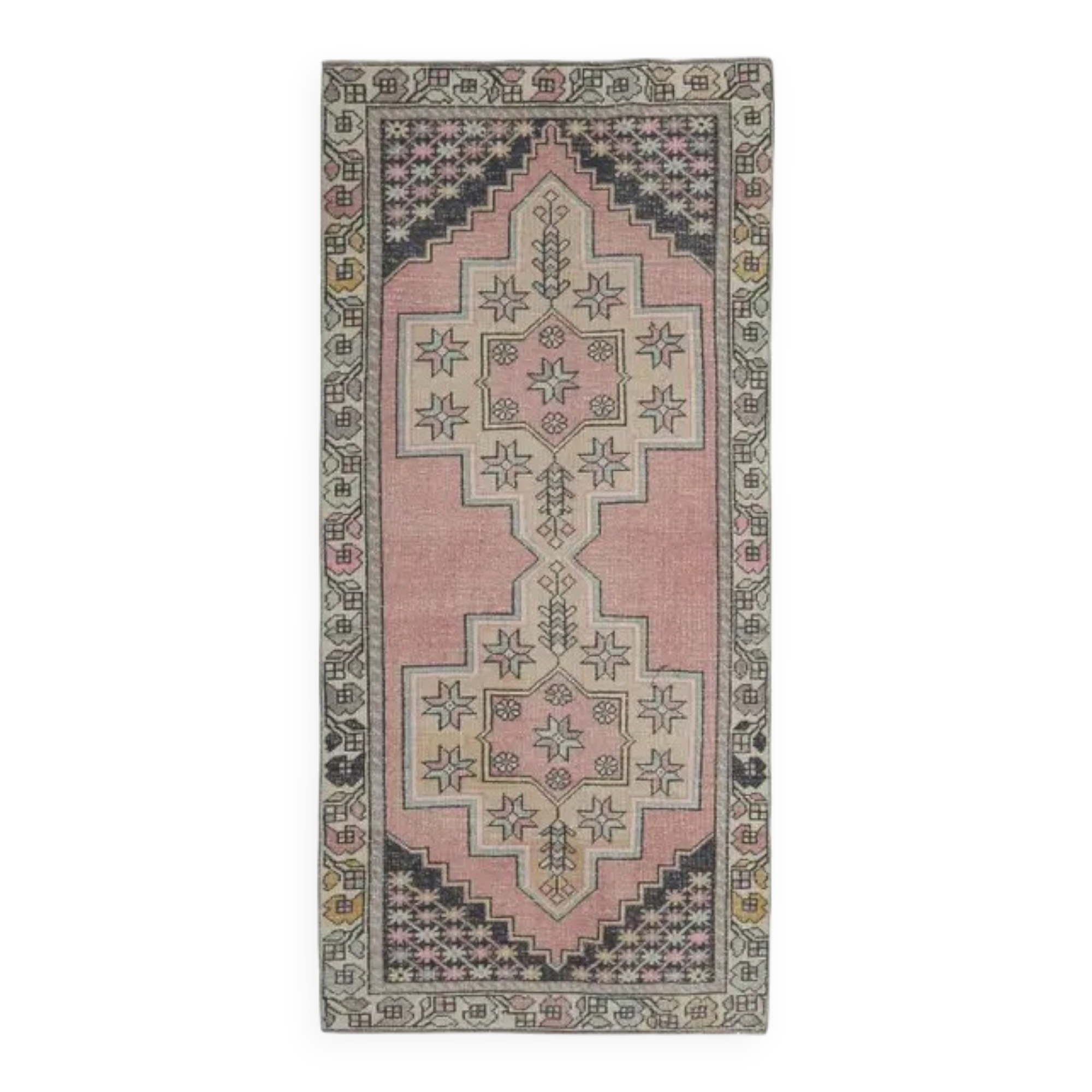 Vintage Turkish Oushak handmade wool cotton pink runner rug 117x254