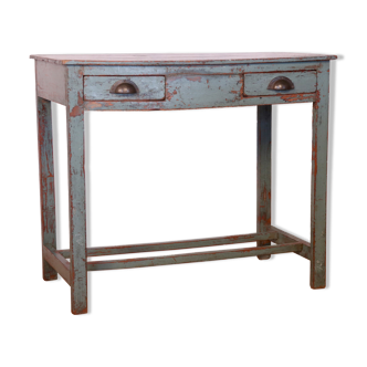 Ancienne console 2 tiroirs en teck birman patine grise-bleue