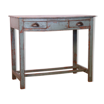Old console 2 drawers in burmese teak original gray-blue patina