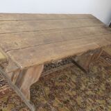 Large antique pine trestle dining table with drawer, Sweden 1780