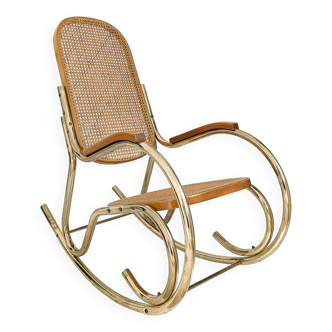 Vintage Rocking Chair Steel Tube Viennese Braid Brass Gold Mid Century Retro Design Living Room H