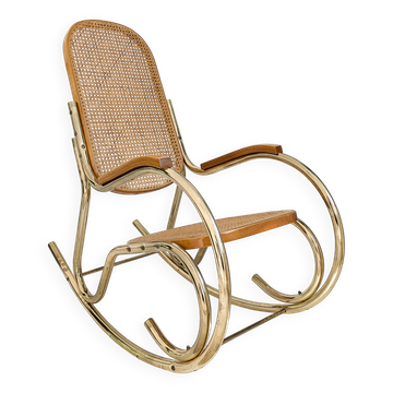 Fauteuil à bascule Vintage Tube d'acier Tressage viennois Laiton Or Mid Century Rétro Design Salon H